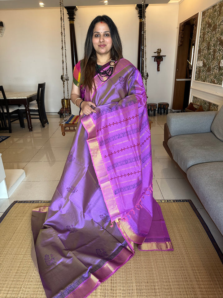 Lilac Colour Handblock Printed Silk Cotton Saree