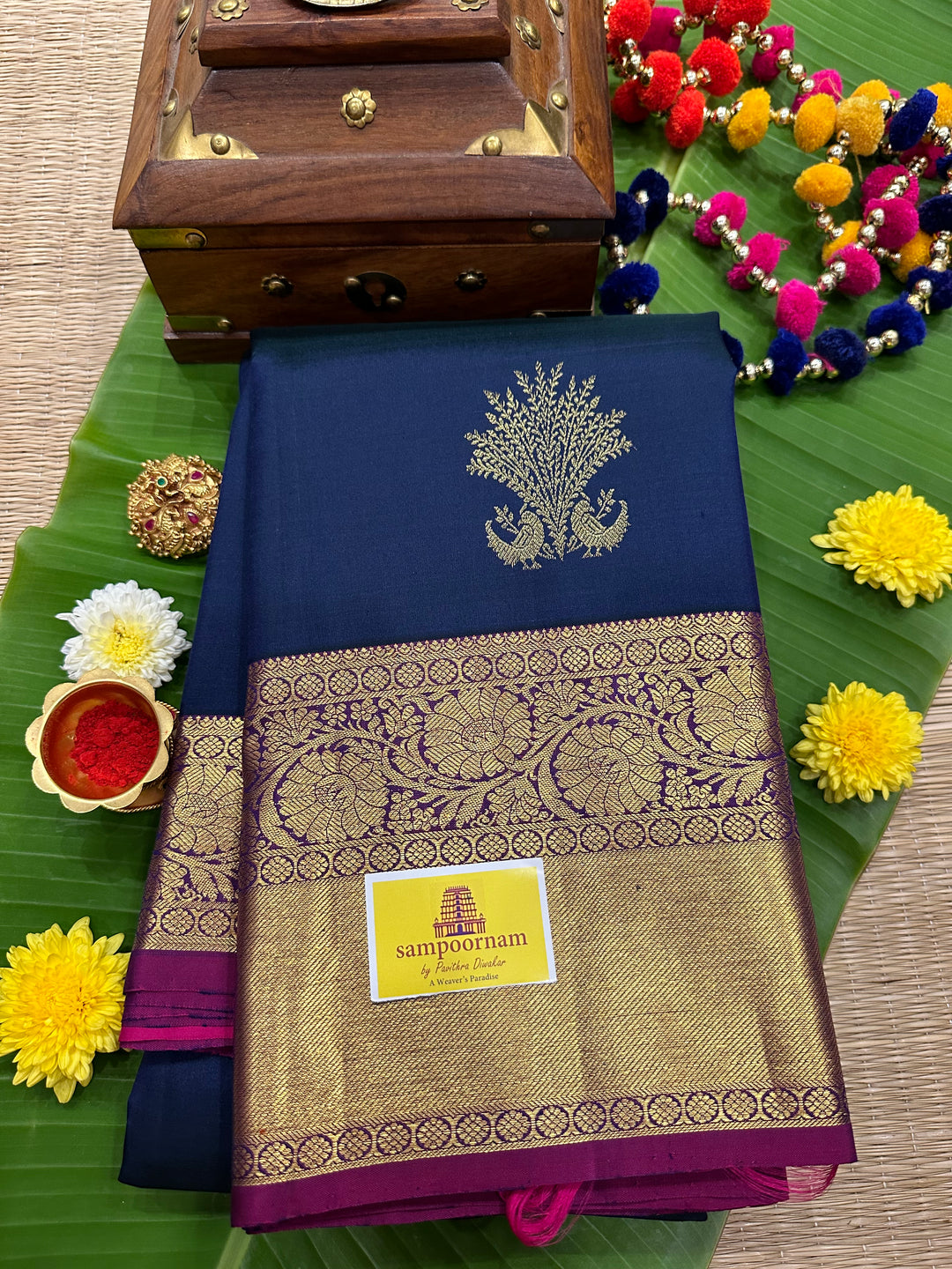 Dark Blue with Pink Rich Peacock Butta , Rich Border and Pallu Pure Kanjivaram Silk Saree