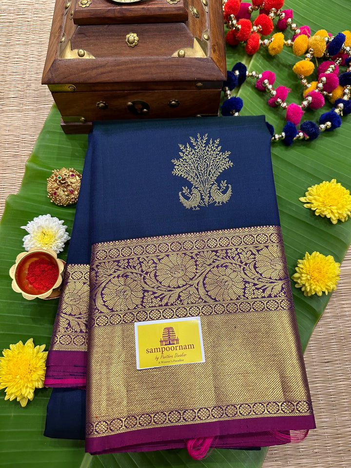 Dark Blue with Pink Rich Peacock Butta , Rich Border and Pallu Pure Kanjivaram Silk Saree