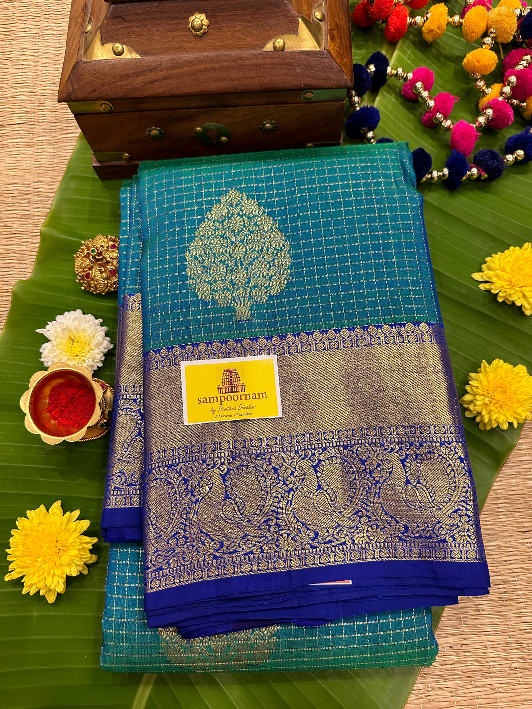 Bluish Green with Blue , Rich Butta, Body Podi Kattam and Rich Border Pallu Pure Kanjivaram Silk Saree