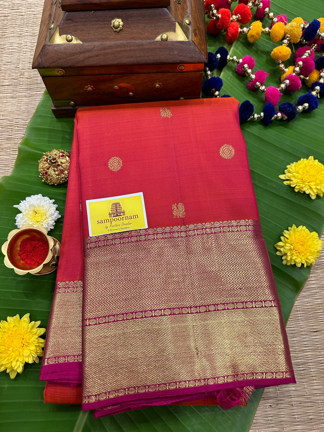 Pinkish Red with Pink Body Annam and Rudraksh Butta Rich Border and Pallu Pure Kanjivaram Silk Saree