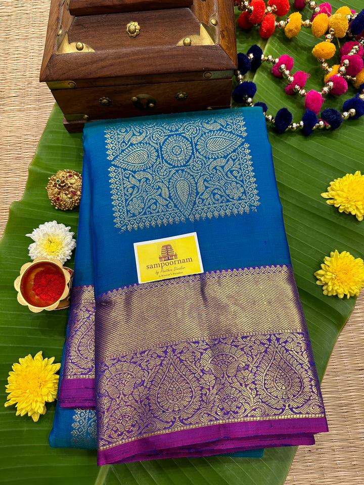 Blue with Purple Rich Body Square Butta and Rich Border Pallu Pure Kanjivaram Silk Saree