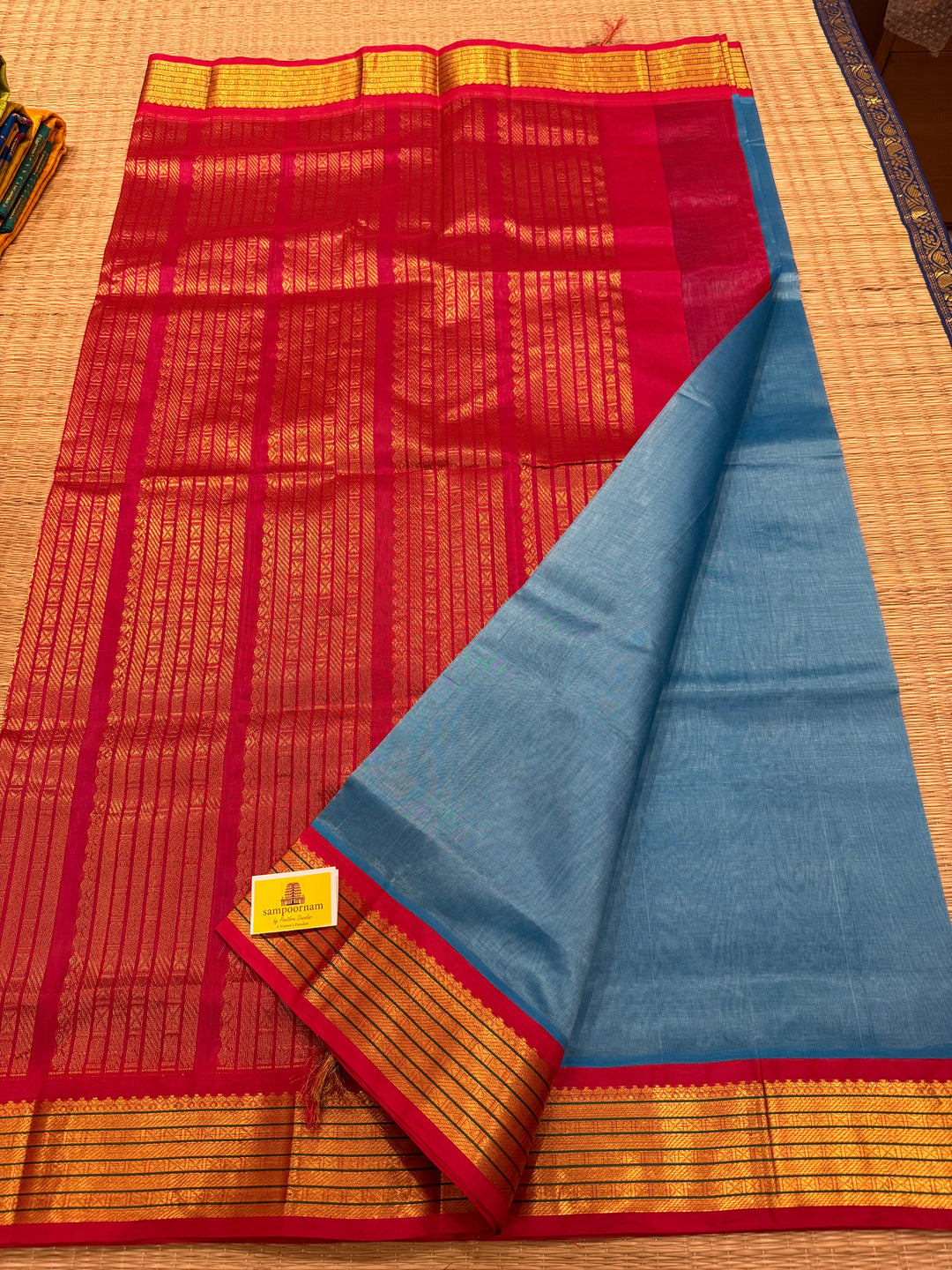 Teal Blue with Red , traditional borders and rich Pallu Korvai Silk Cotton Saree