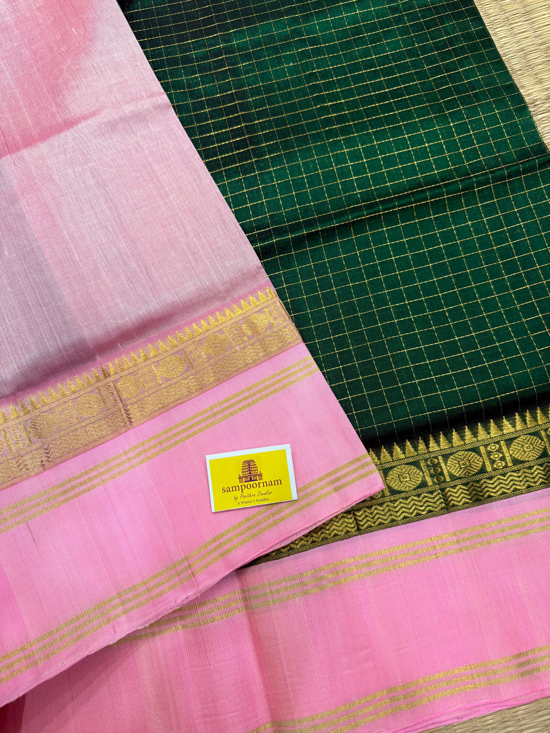 Green with Baby Pink rich Zari checks in the body, traditional rettapet plain border and grand Pallu Korvai Silk Cotton Saree
