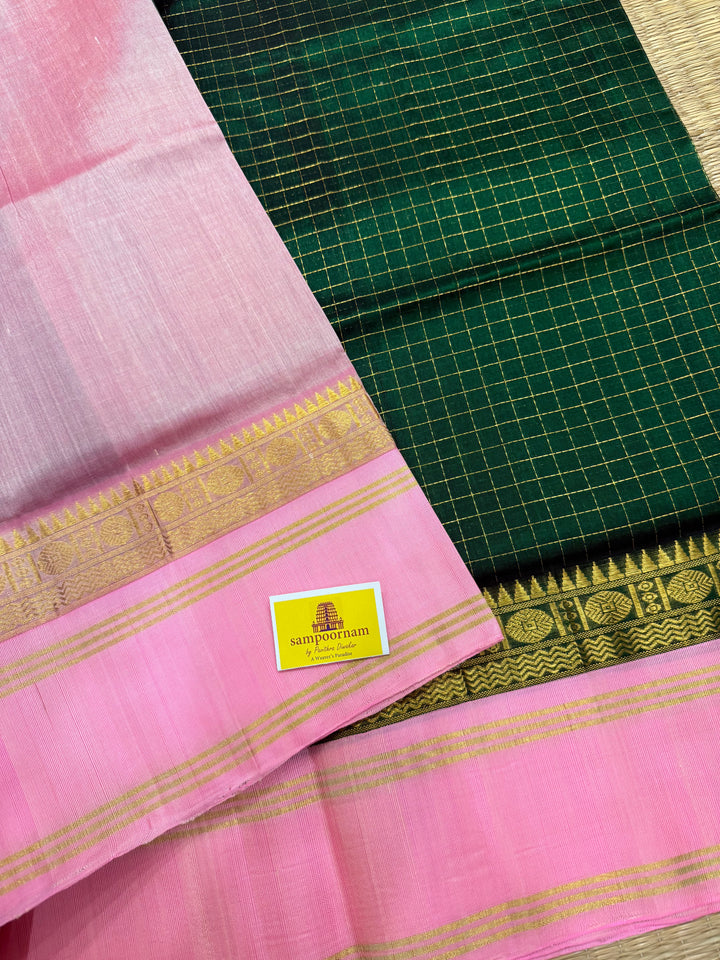 Green with Baby Pink rich Zari checks in the body, traditional rettapet plain border and grand Pallu Korvai Silk Cotton Saree