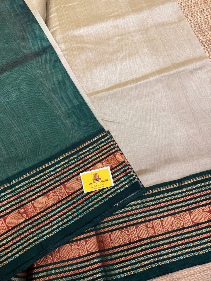 Offwhite with Green rich Kanchi border and grand  Pallu Korvai Silk Cotton Saree