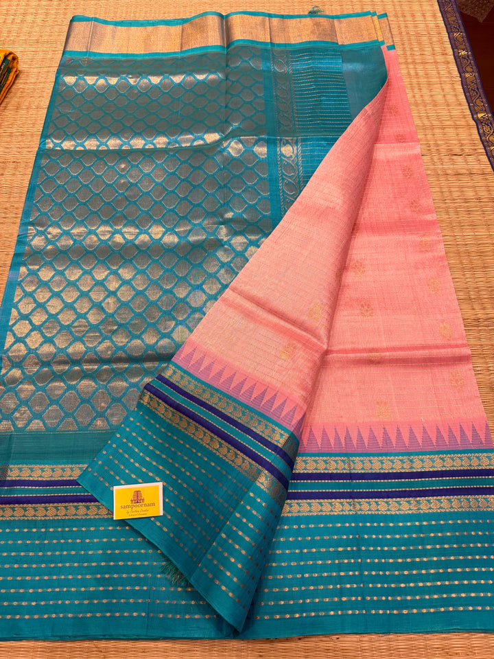 Baby Pink with Turquoise Blue one side big border with Lakshadeepam butta , Zari butta in the body with Zari checks and grand Pallu Korvai Silk Cotton Saree