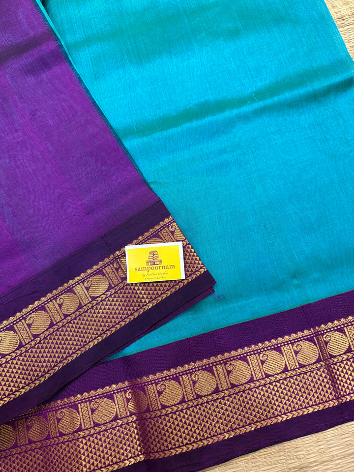 Ramar Blue with Purple , traditional borders and rich Pallu Korvai Silk Cotton Saree