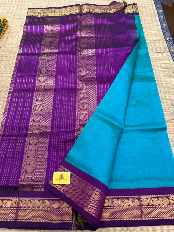 Ramar Blue with Purple , traditional borders and rich Pallu Korvai Silk Cotton Saree