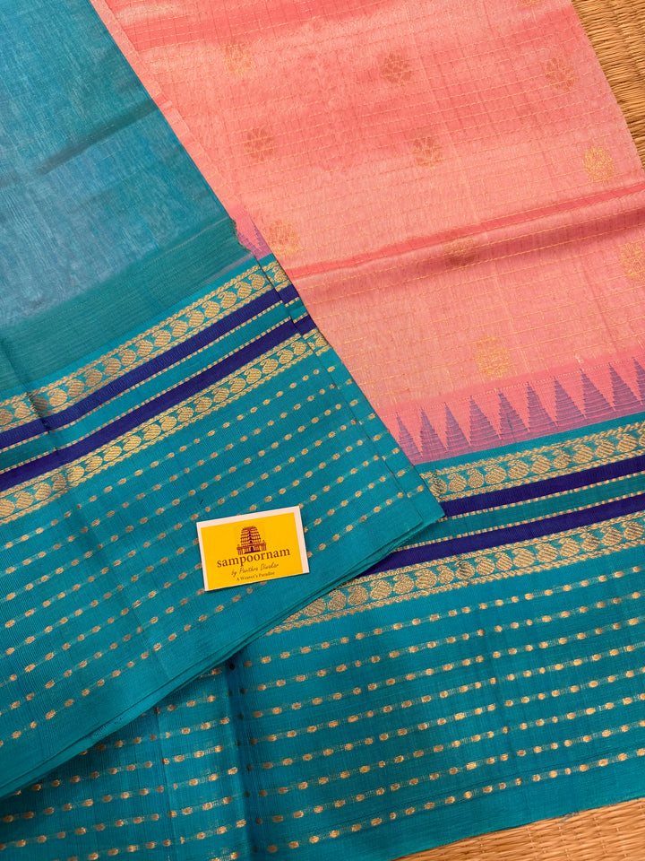 Baby Pink with Turquoise Blue one side big border with Lakshadeepam butta , Zari butta in the body with Zari checks and grand Pallu Korvai Silk Cotton Saree