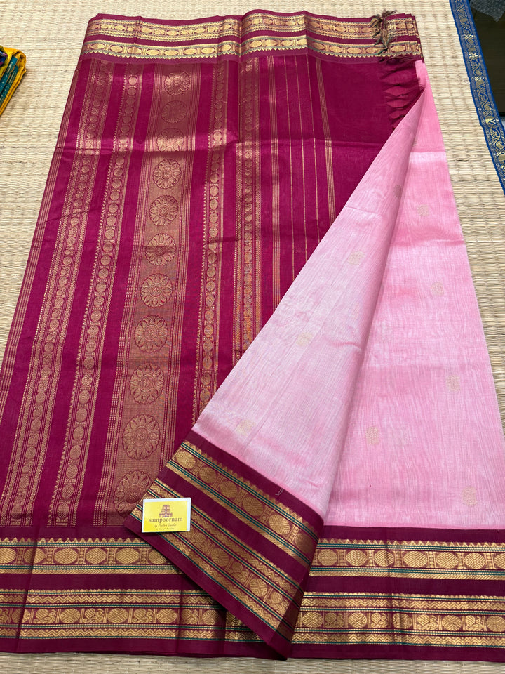 Onion Pink with Maroon , traditional Kanjivaram rich borders and butta in the body with grand Pallu Korvai Silk Cotton Saree
