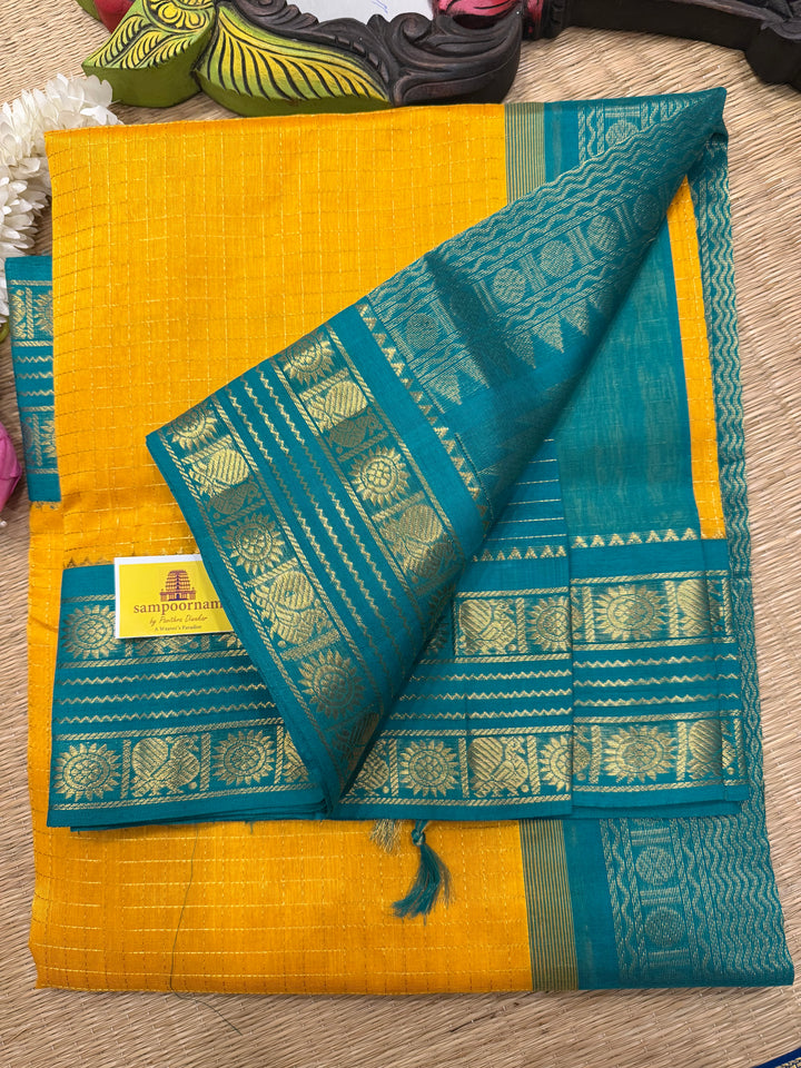 Yellow with Turquoise Blue , rettapet traditional border , Zari checks in the body and rich Pallu Korvai Silk Cotton Saree