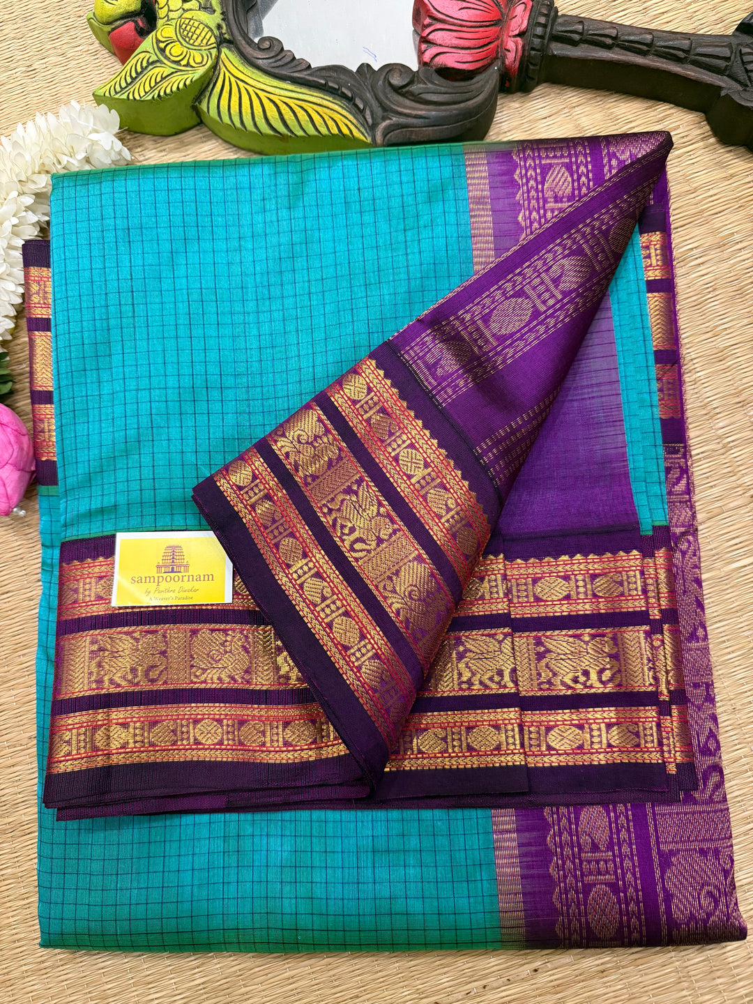 Ramar Blue with Purple , Zari checks in the body with traditional Kanjivaram borders and rich Pallu Korvai Silk Cotton Saree