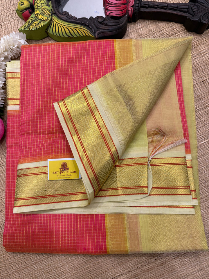 Pink with Pastel Yellow and Offwhite traditional border , checks in the body and grand Pallu Korvai Silk Cotton Saree