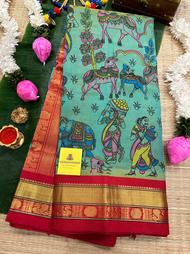 Ramar Blue And Red Vairaoosi Kalamkari village printed Korvai Silk Cotton Saree
