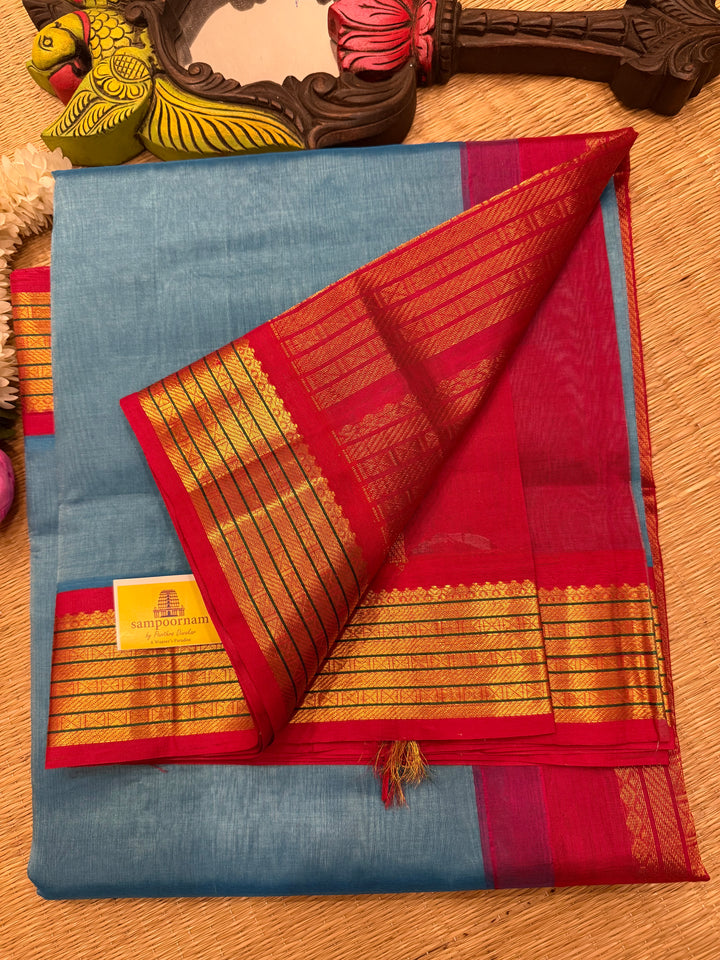 Teal Blue with Red , traditional borders and rich Pallu Korvai Silk Cotton Saree