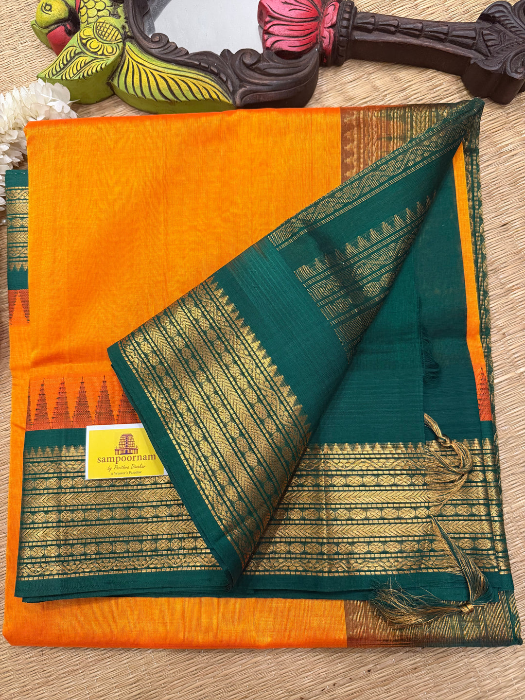 Mambazha Manjal with Green with traditional temple border and rich Pallu Korvai Silk Cotton Saree