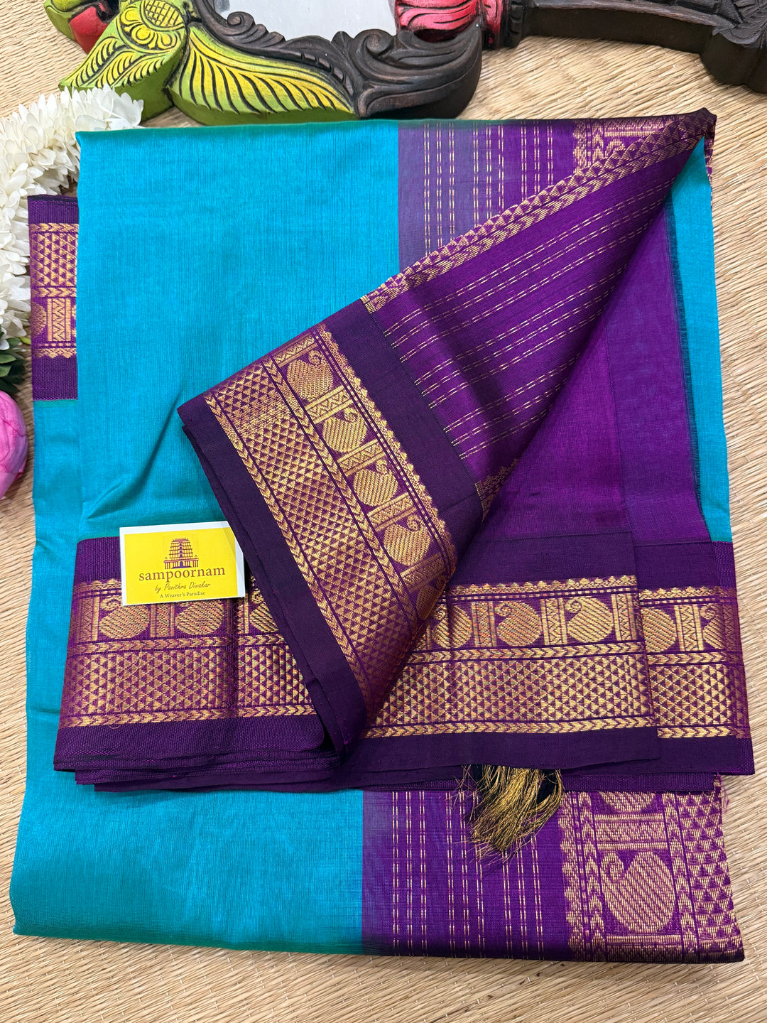 Ramar Blue with Purple , traditional borders and rich Pallu Korvai Silk Cotton Saree