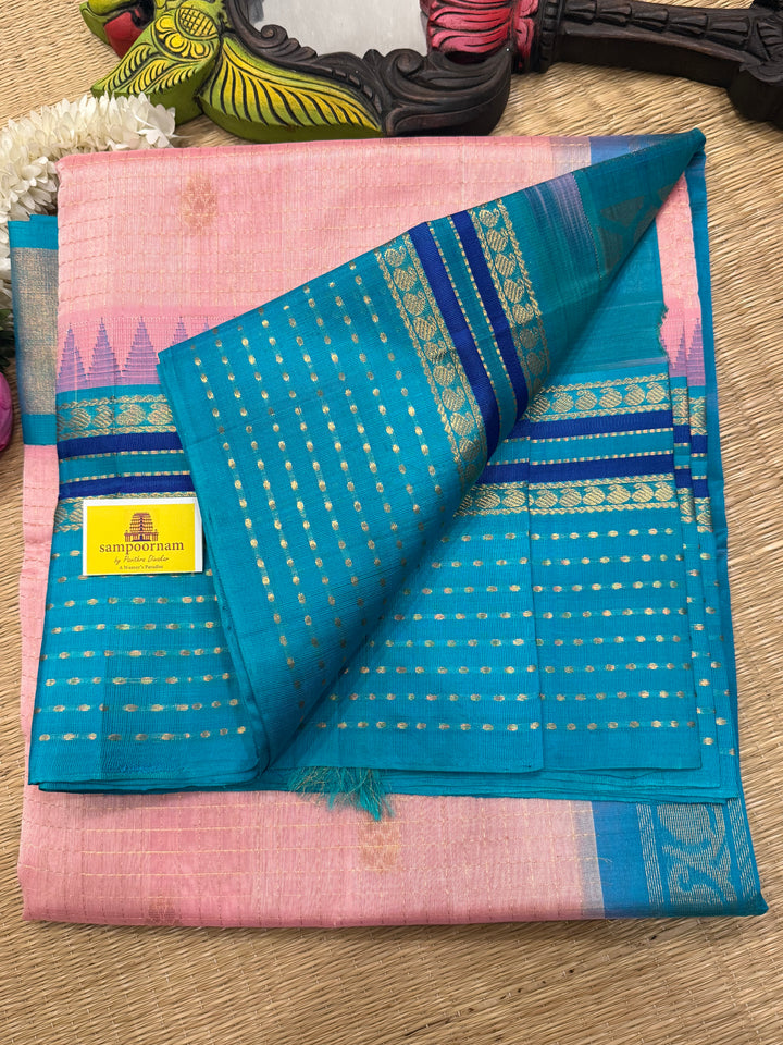 Baby Pink with Turquoise Blue one side big border with Lakshadeepam butta , Zari butta in the body with Zari checks and grand Pallu Korvai Silk Cotton Saree