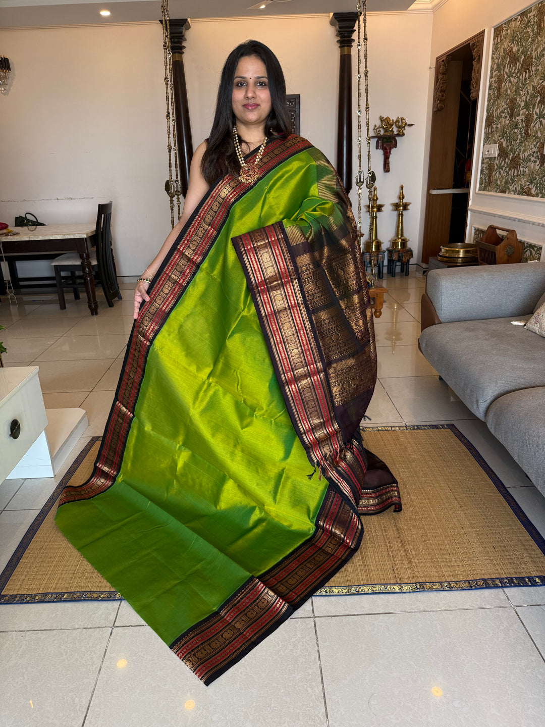Parrot Green with Brown  rich Kanchi border and grand  Pallu Korvai Silk Cotton Saree