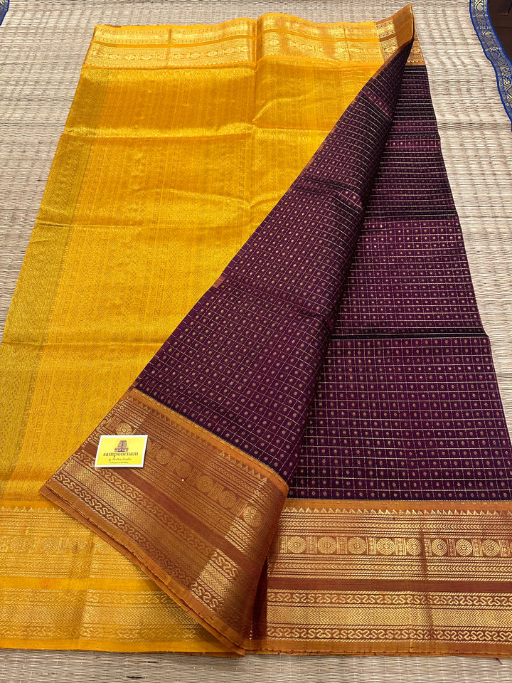 Dark Maroon with Mustard Body Zari Lakshadeepam Silk Cotton Saree