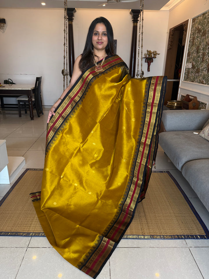 Mustard with Black ,rich Zari butta in the body , traditional rettapet temple thread borders and grand Pallu Korvai Silk Cotton Saree