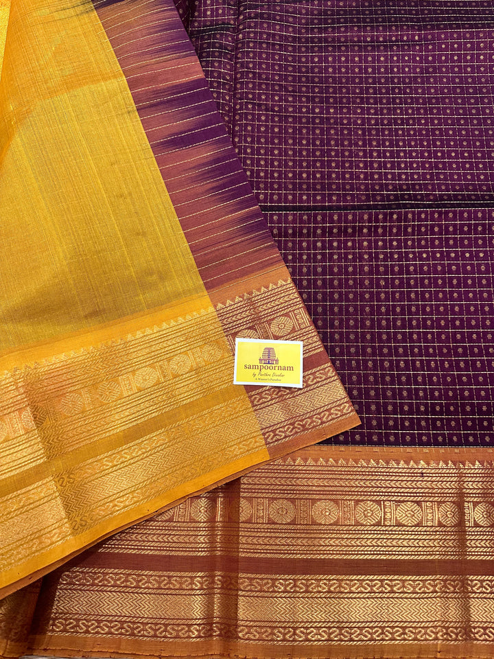 Dark Maroon with Mustard Body Zari Lakshadeepam Silk Cotton Saree