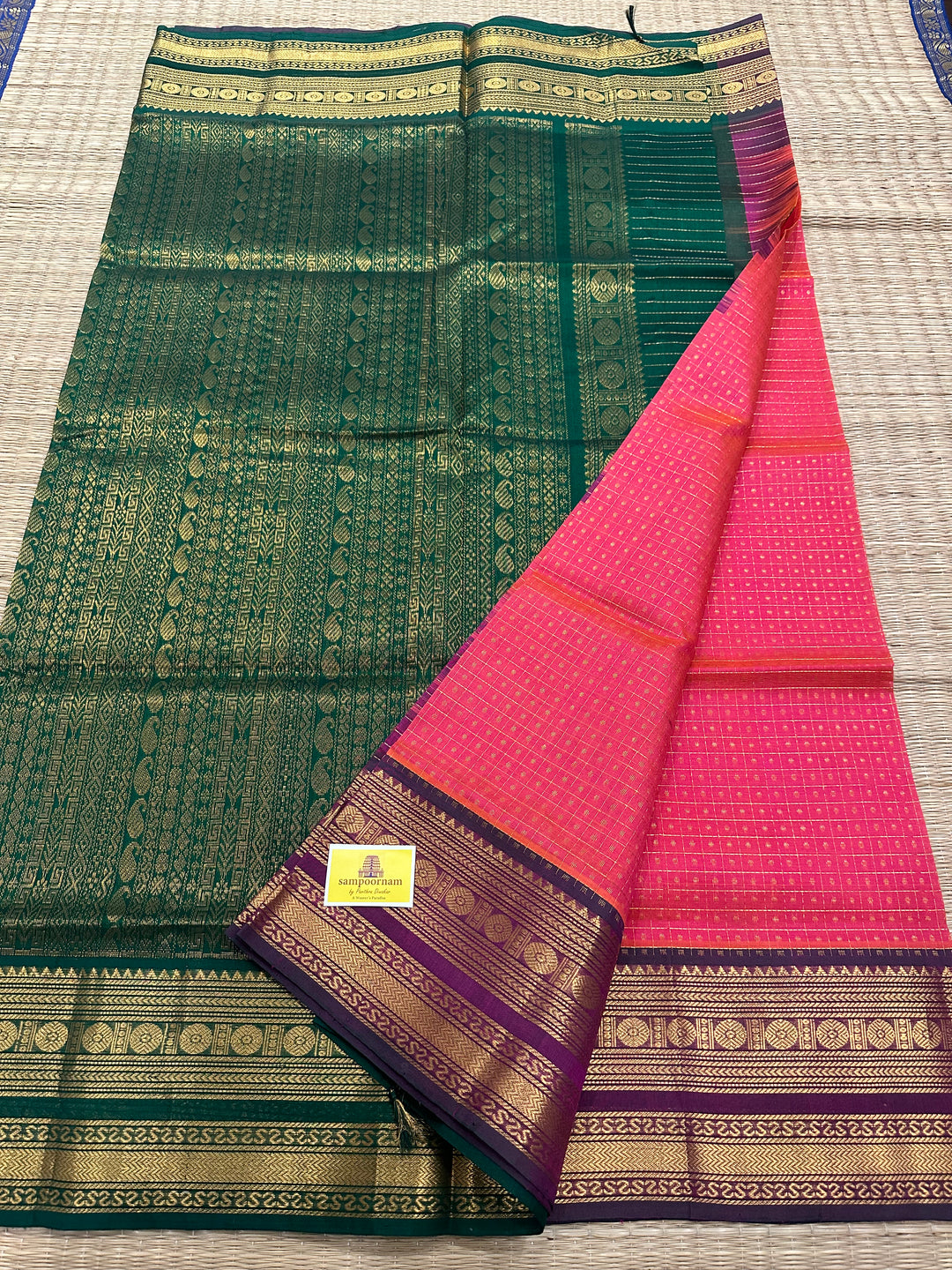 Pink with Green Body Zari Lakshadeepam Silk Cotton Saree