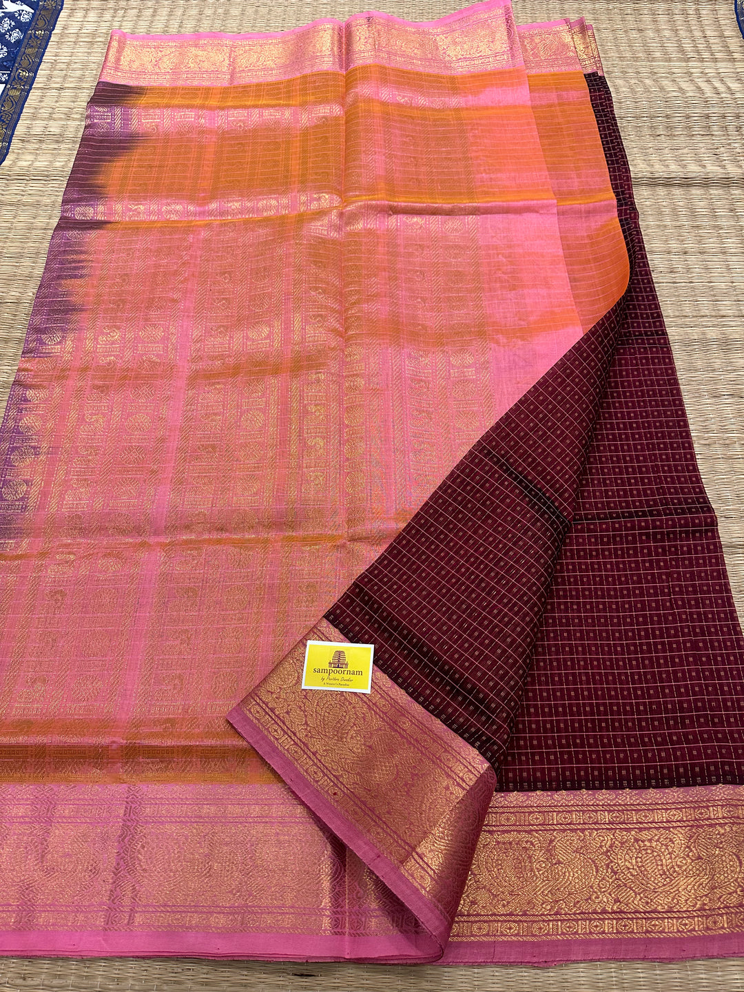 Maroon with Baby Pink Lakshadeepam Silk Cotton Saree