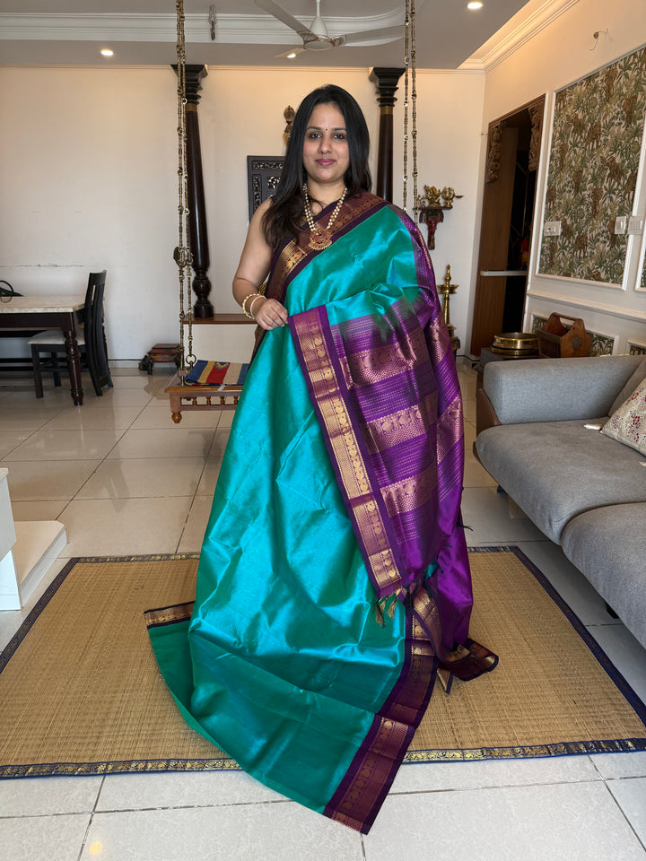Ramar Blue with Purple , traditional borders and rich Pallu Korvai Silk Cotton Saree