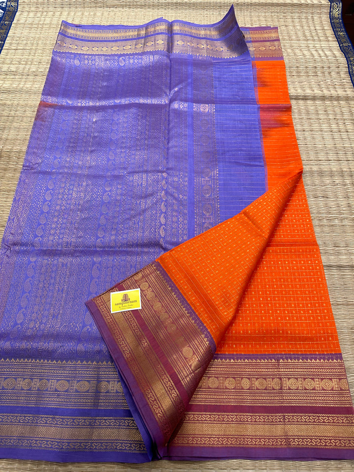 Orange with Lavender Body Zari Lakshadeepam Silk Cotton Saree