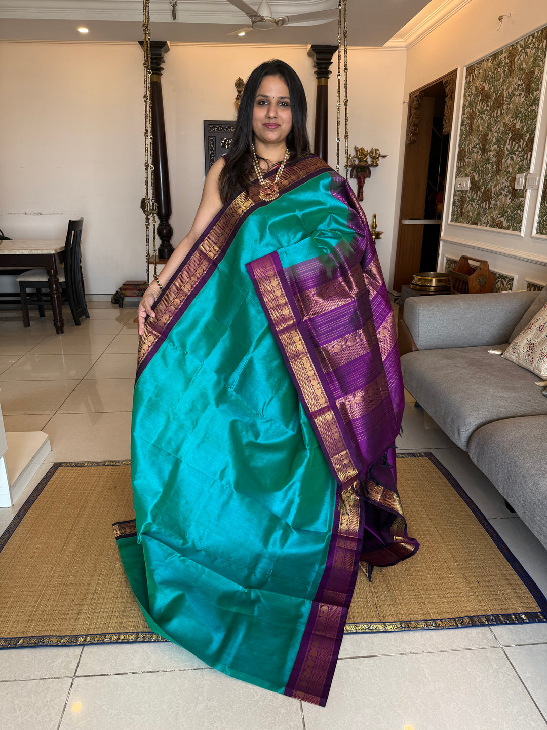 Ramar Blue with Purple , traditional borders and rich Pallu Korvai Silk Cotton Saree