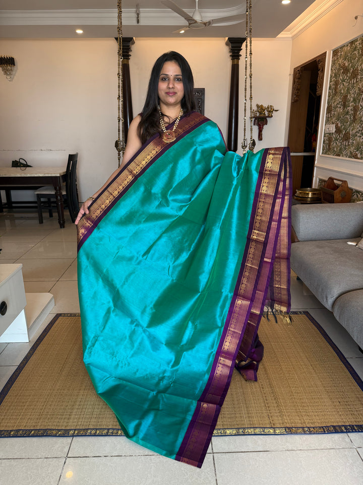 Ramar Blue with Purple , traditional borders and rich Pallu Korvai Silk Cotton Saree