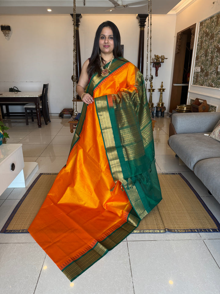 Mambazha Manjal with Green with traditional temple border and rich Pallu Korvai Silk Cotton Saree