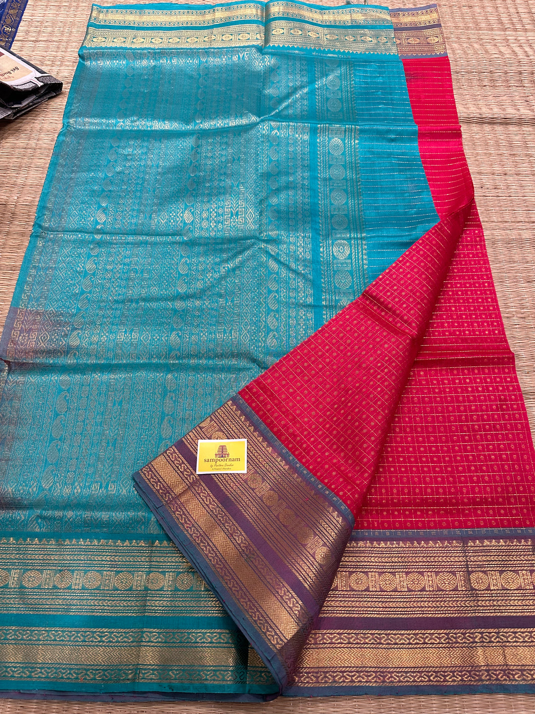 Tomato Red with Turquoise Blue Zari Body Lakshadeepam Silk Cotton Saree