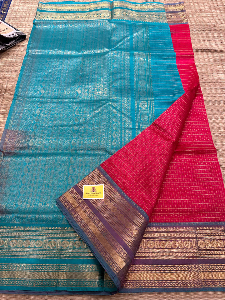 Tomato Red with Turquoise Blue Zari Body Lakshadeepam Silk Cotton Saree