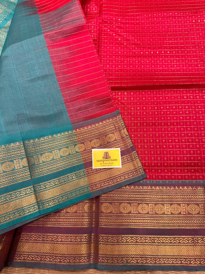 Tomato Red with Turquoise Blue Zari Body Lakshadeepam Silk Cotton Saree