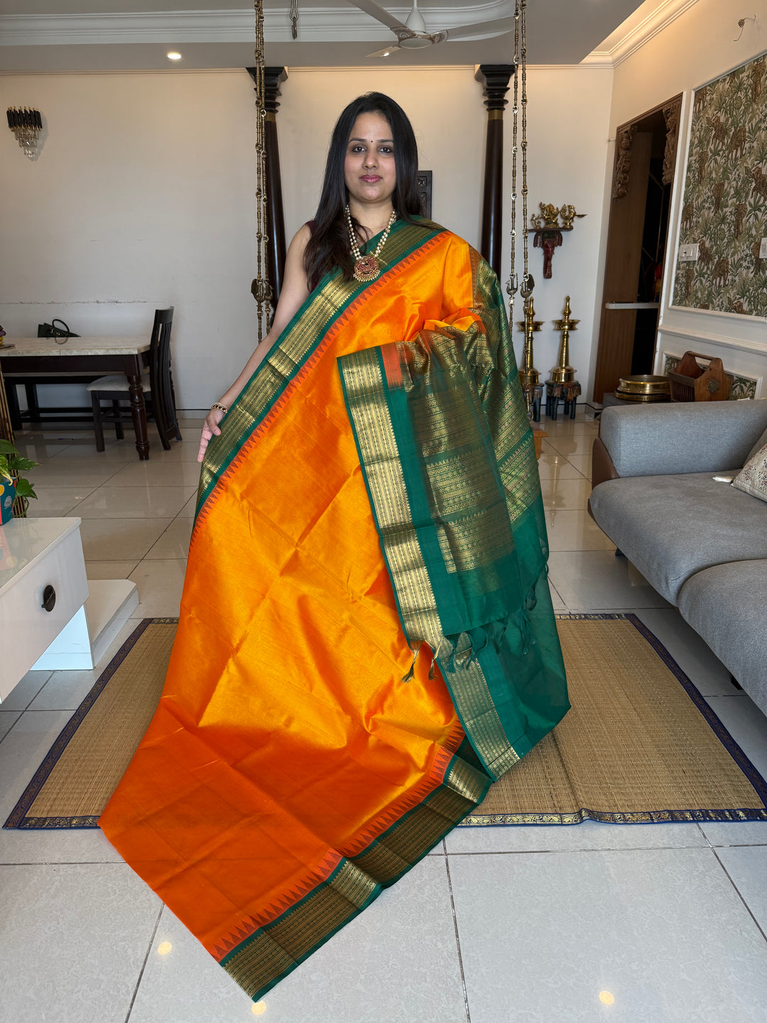 Mambazha Manjal with Green with traditional temple border and rich Pallu Korvai Silk Cotton Saree