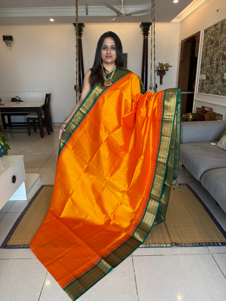 Mambazha Manjal with Green with traditional temple border and rich Pallu Korvai Silk Cotton Saree