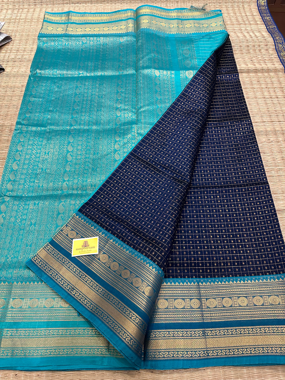 Dark Blue with Turquoise Blue Body Zari Lakshadeepam Silk Cotton Saree