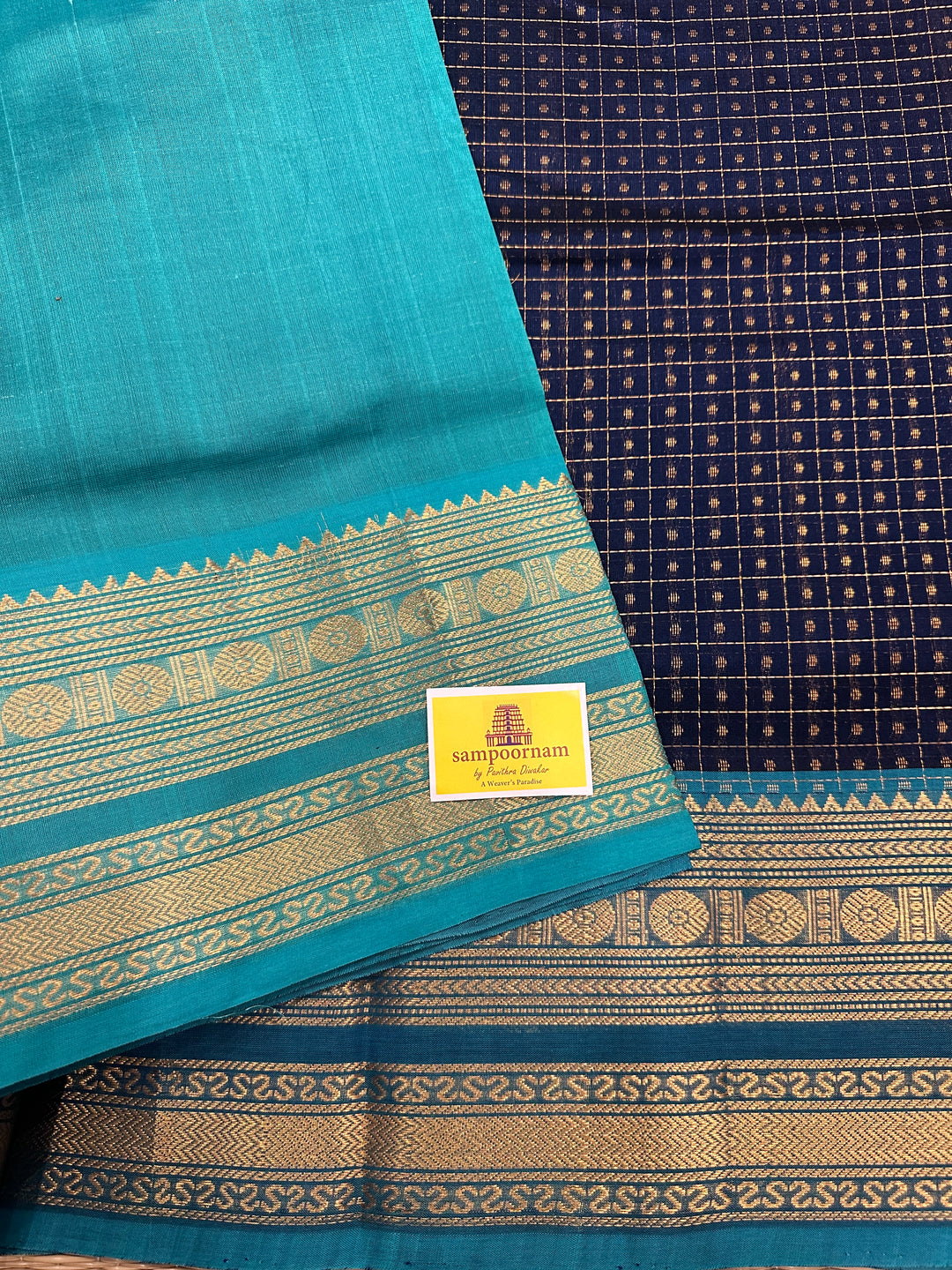 Dark Blue with Turquoise Blue Body Zari Lakshadeepam Silk Cotton Saree