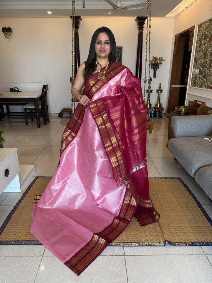 Onion Pink with Maroon , traditional Kanjivaram rich borders and butta in the body with grand Pallu Korvai Silk Cotton Saree