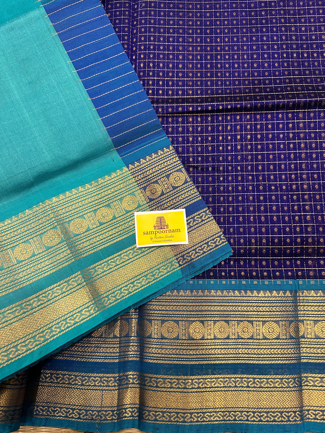 Blue with Turquoise Blue Body Zari Lakshadeepam Silk Cotton Saree