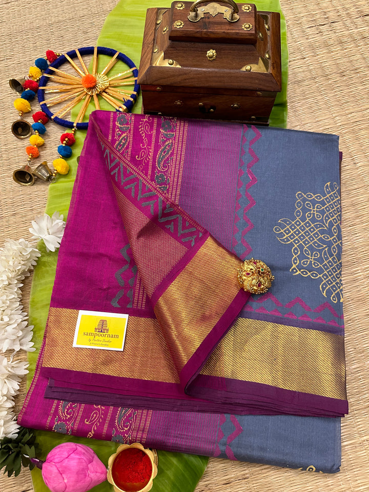 Grey with Purple Handblock Printed Silk Cotton Saree