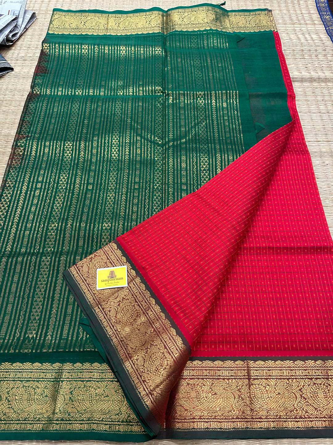 Red with Green Lakshadeepam Silk Cotton Saree