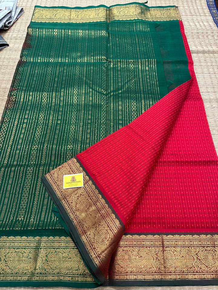 Red with Green Lakshadeepam Silk Cotton Saree