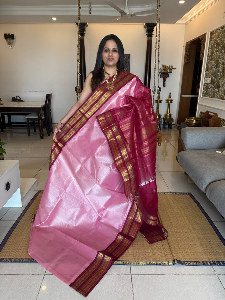 Onion Pink with Maroon , traditional Kanjivaram rich borders and butta in the body with grand Pallu Korvai Silk Cotton Saree