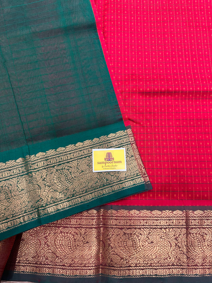 Red with Green Lakshadeepam Silk Cotton Saree