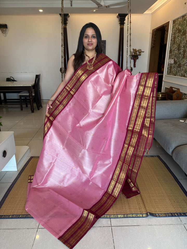 Onion Pink with Maroon , traditional Kanjivaram rich borders and butta in the body with grand Pallu Korvai Silk Cotton Saree