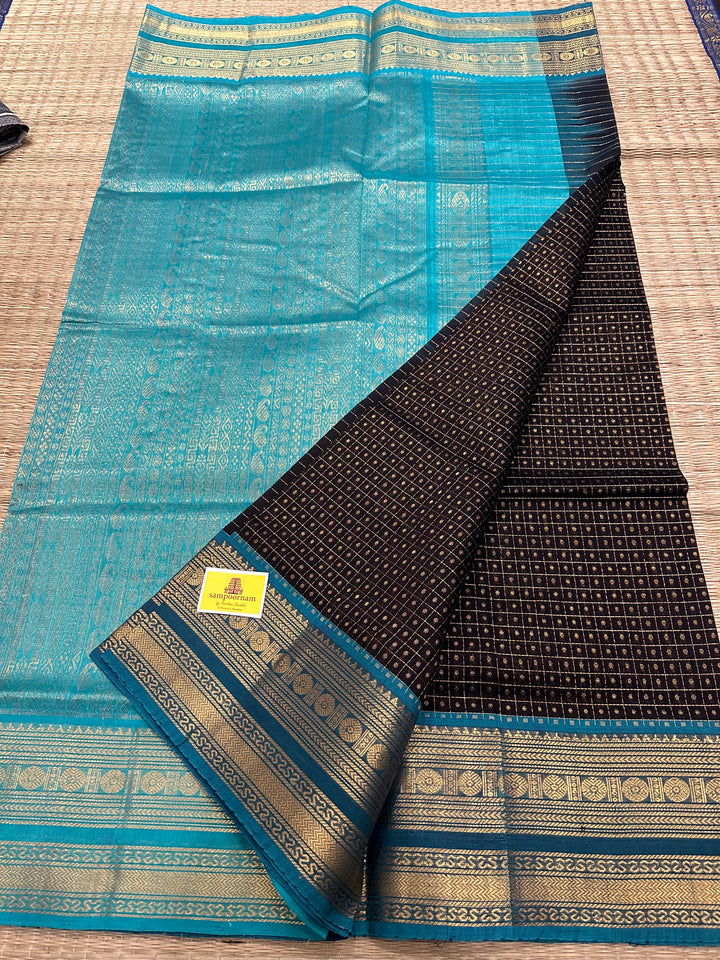 Black with Turquoise Blue Body Zari Lakshadeepam Silk Cotton Saree